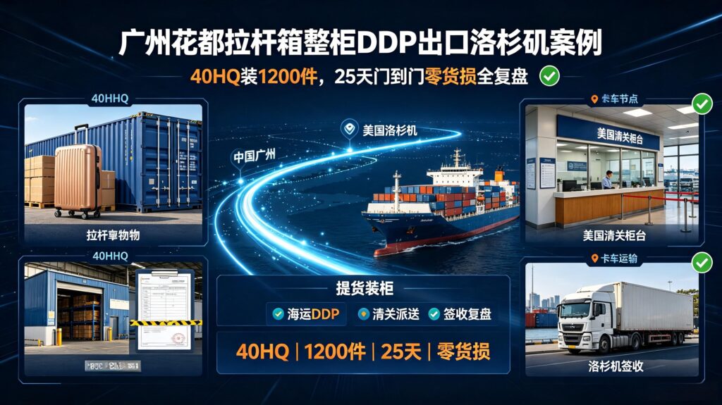 广州花都拉杆箱整柜DDP出口洛杉矶案例｜40HQ装1200件，25天门到门零货损全复盘