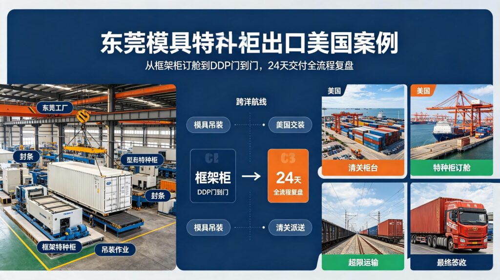 东莞模具特种柜出口美国案例｜从框架柜订舱到DDP门到门，24天交付全流程复盘