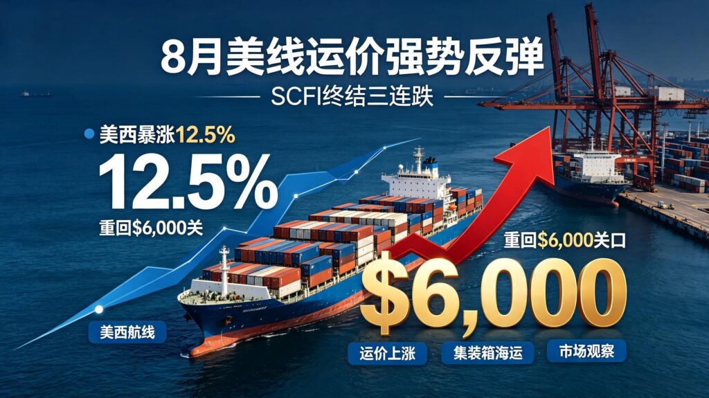 8月美线运价强势反弹｜SCFI终结三连跌，美西暴涨12.5%重回$6,000关口
