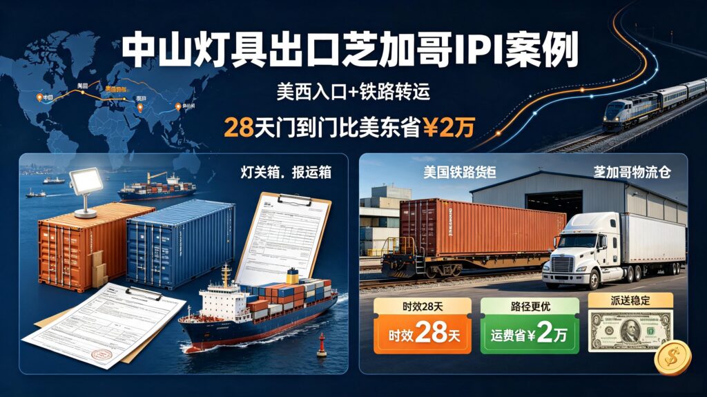 中山灯具出口芝加哥IPI案例｜美西入口+铁路转运，28天门到门比美东省¥2万