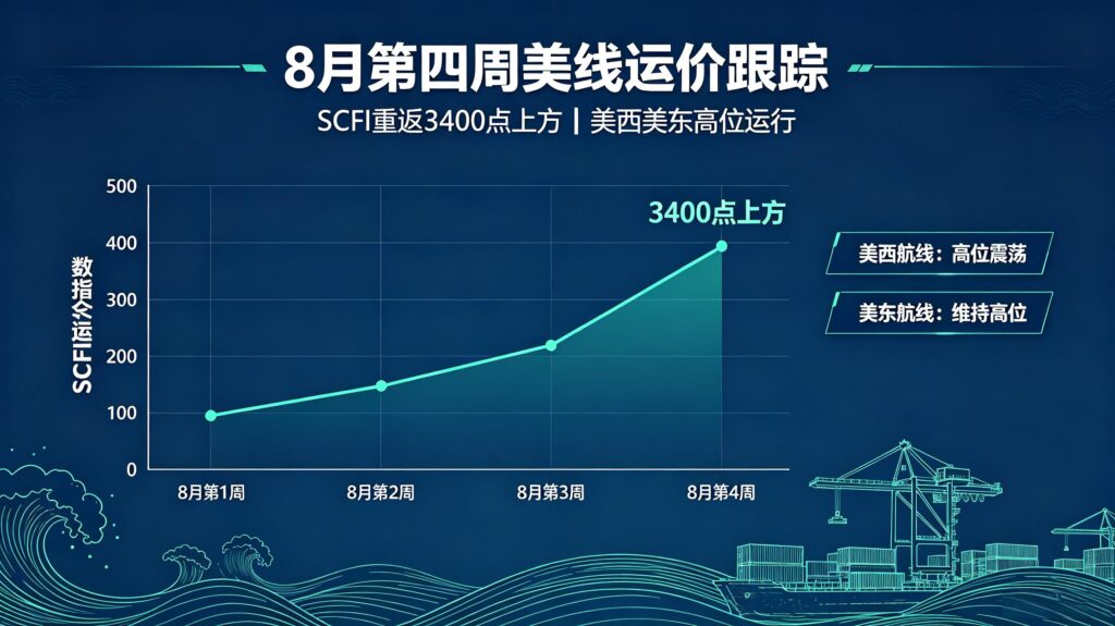 8月第四周美线运价跟踪｜SCFI重返3400点上方，美西美东高位运行